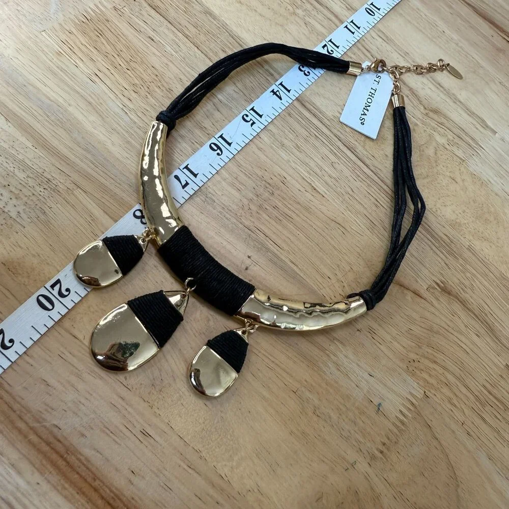 St. Thomas Gold & Black Pendant Necklace, Statement, Neutral, Chunky, Hammered - Picture 3 of 9